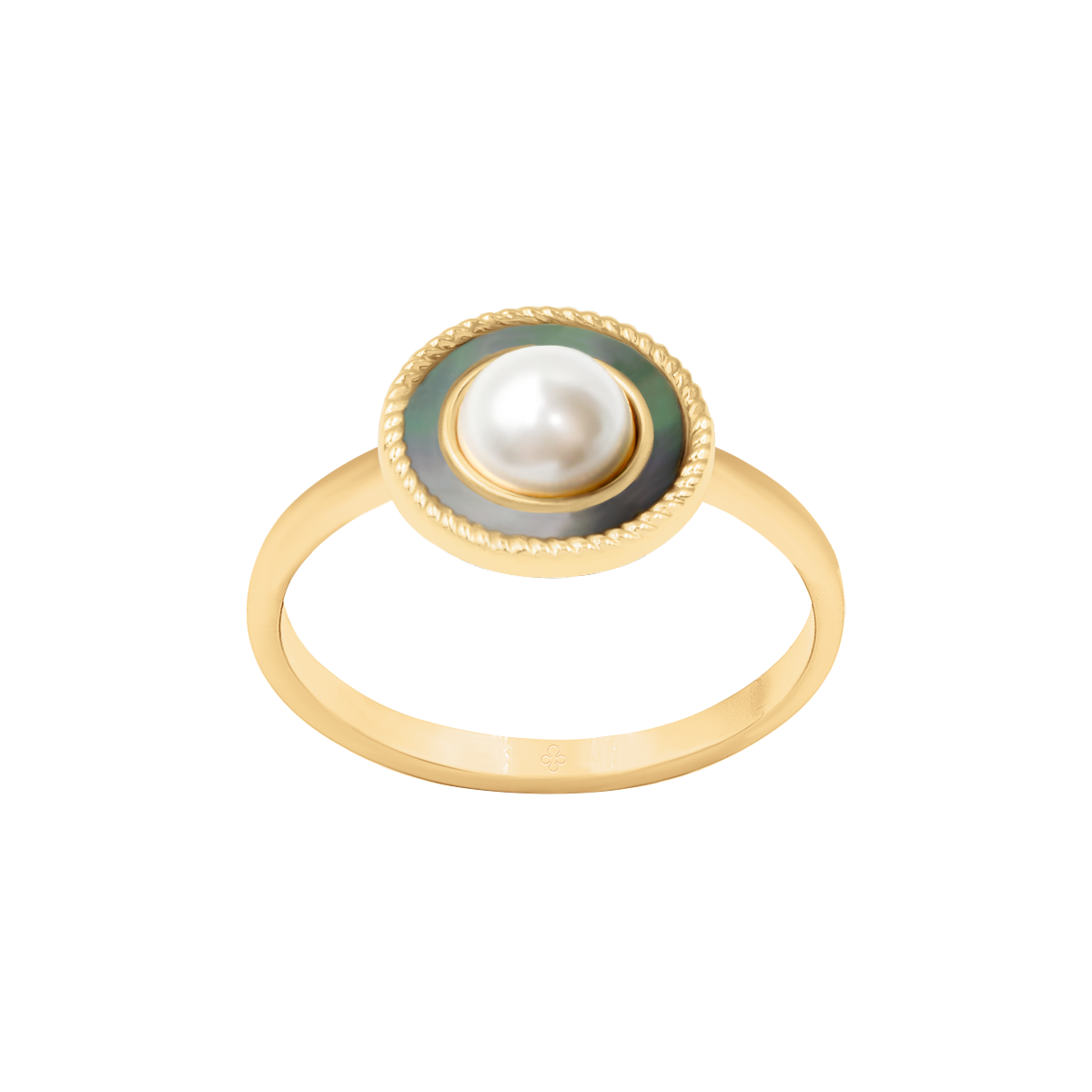 Ring Cosmos No.4 mit weißer Perle und dunklem Perlmutt, vergoldet - Vorderansicht