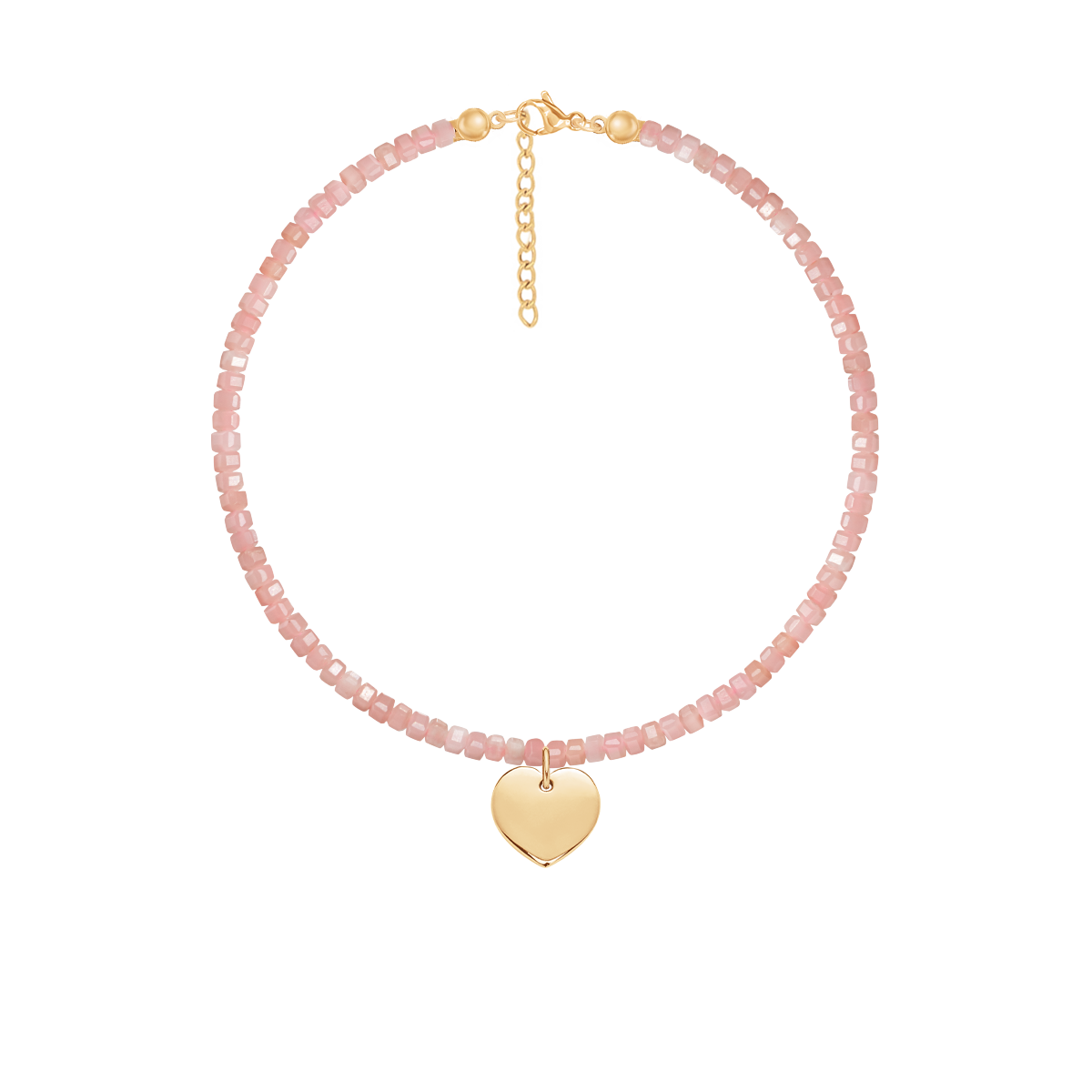 Armband aus rosa Opal Steinen mit Anhänger Herz 1 cm, vergoldet