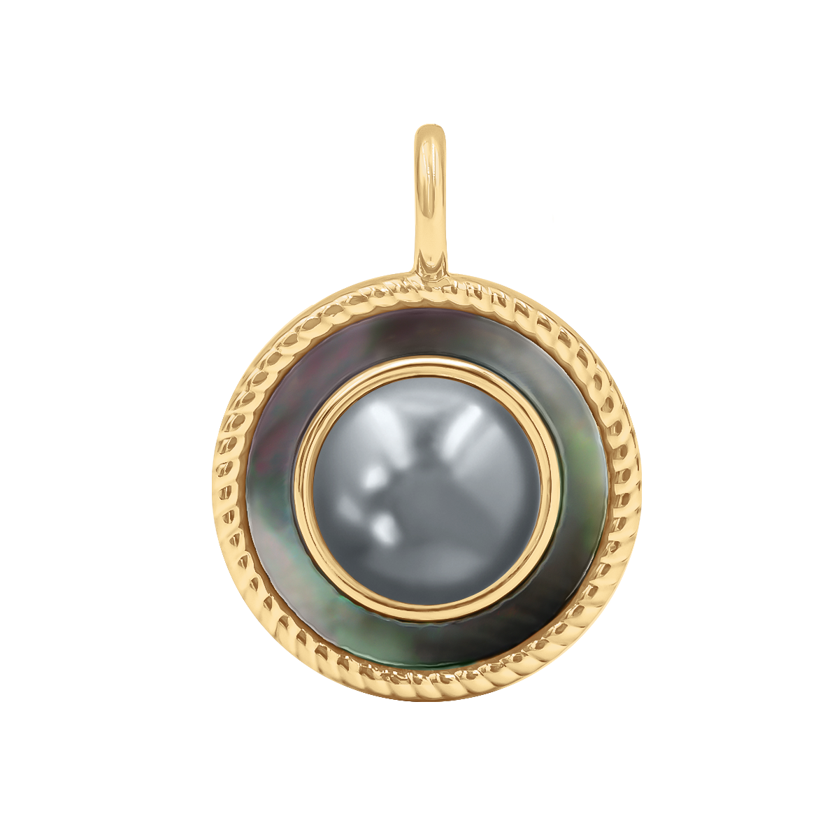 Anhänger Cosmos No.1 mit grauer Perle und dunklem Perlmutt 1,5 cm vergoldet - Vorderansicht