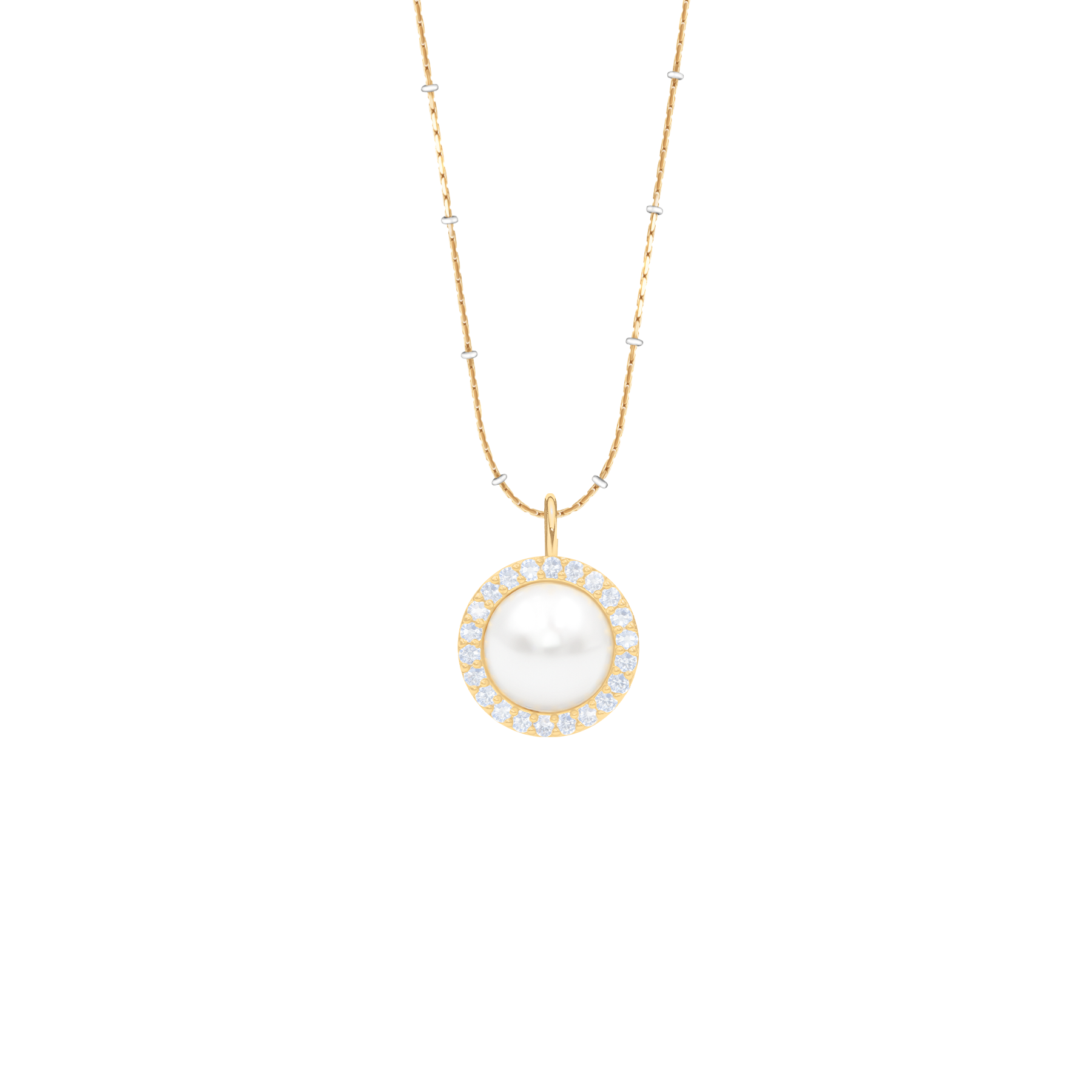 Halskette Cosmos No.2 mit weißer Perle und weißen Zirkonen, vergoldet - Vorderansicht