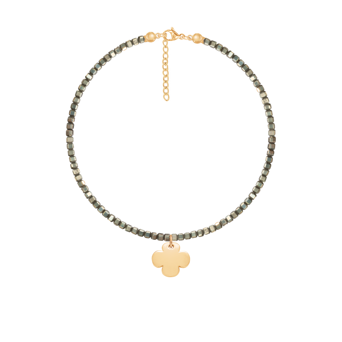 Armband aus Pyrit Steinen mit Anhänger Kleeblatt 1 cm, vergoldet - Vorderansicht