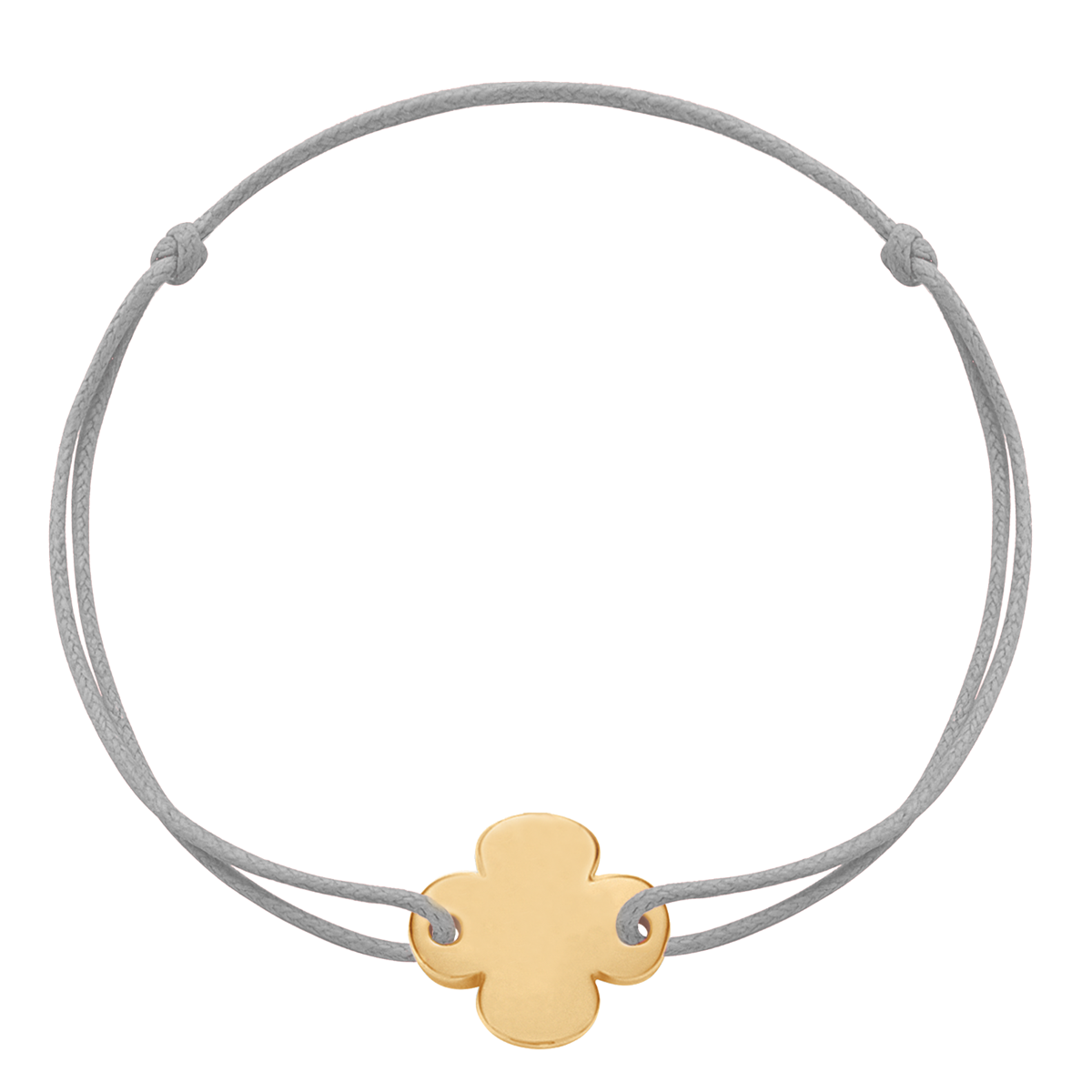 Armband mit goldverlagter runder Klee auf einer dünnen hellgrauen Schnur