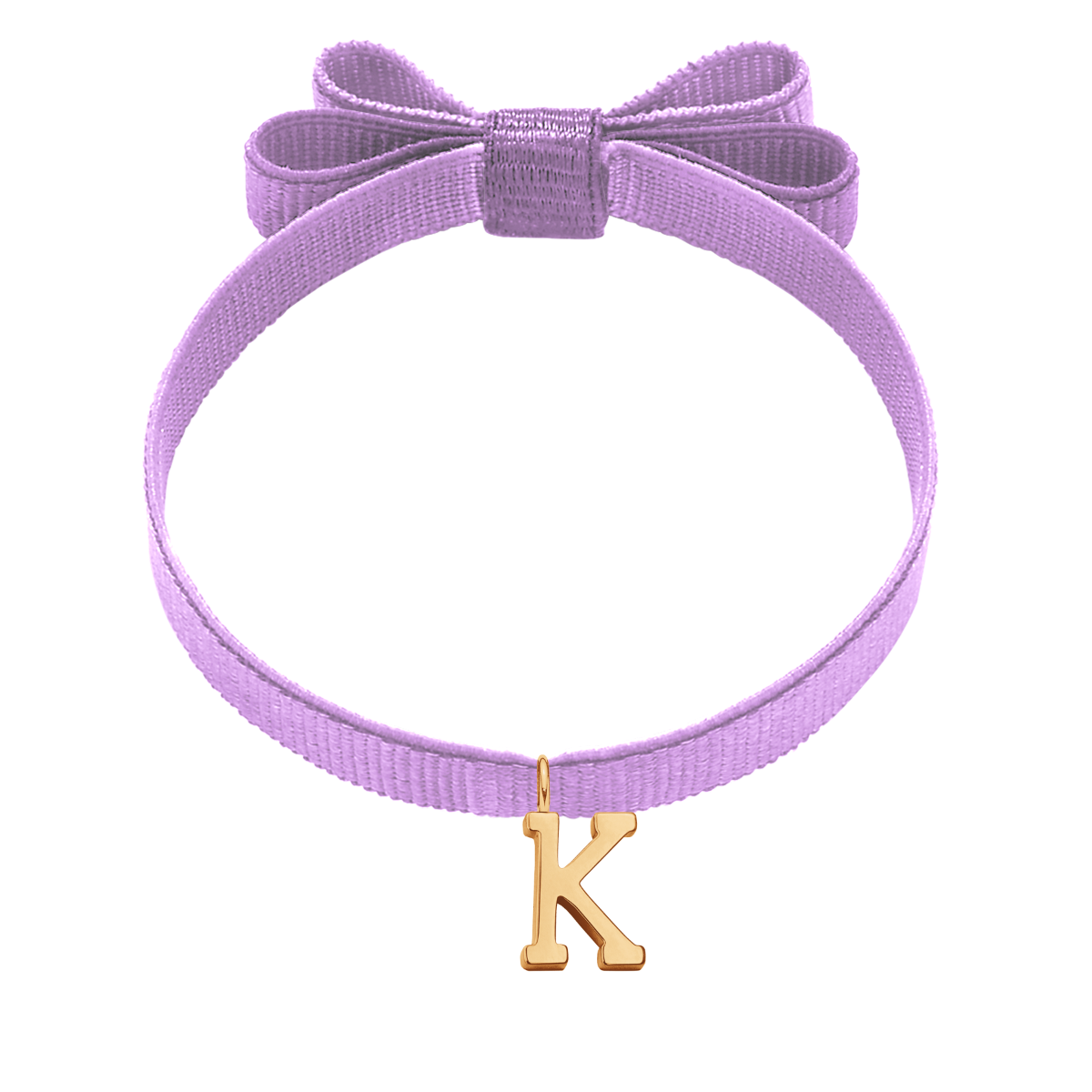 Schleifenarmband mit vergoldetem Buchstaben K am lila Band