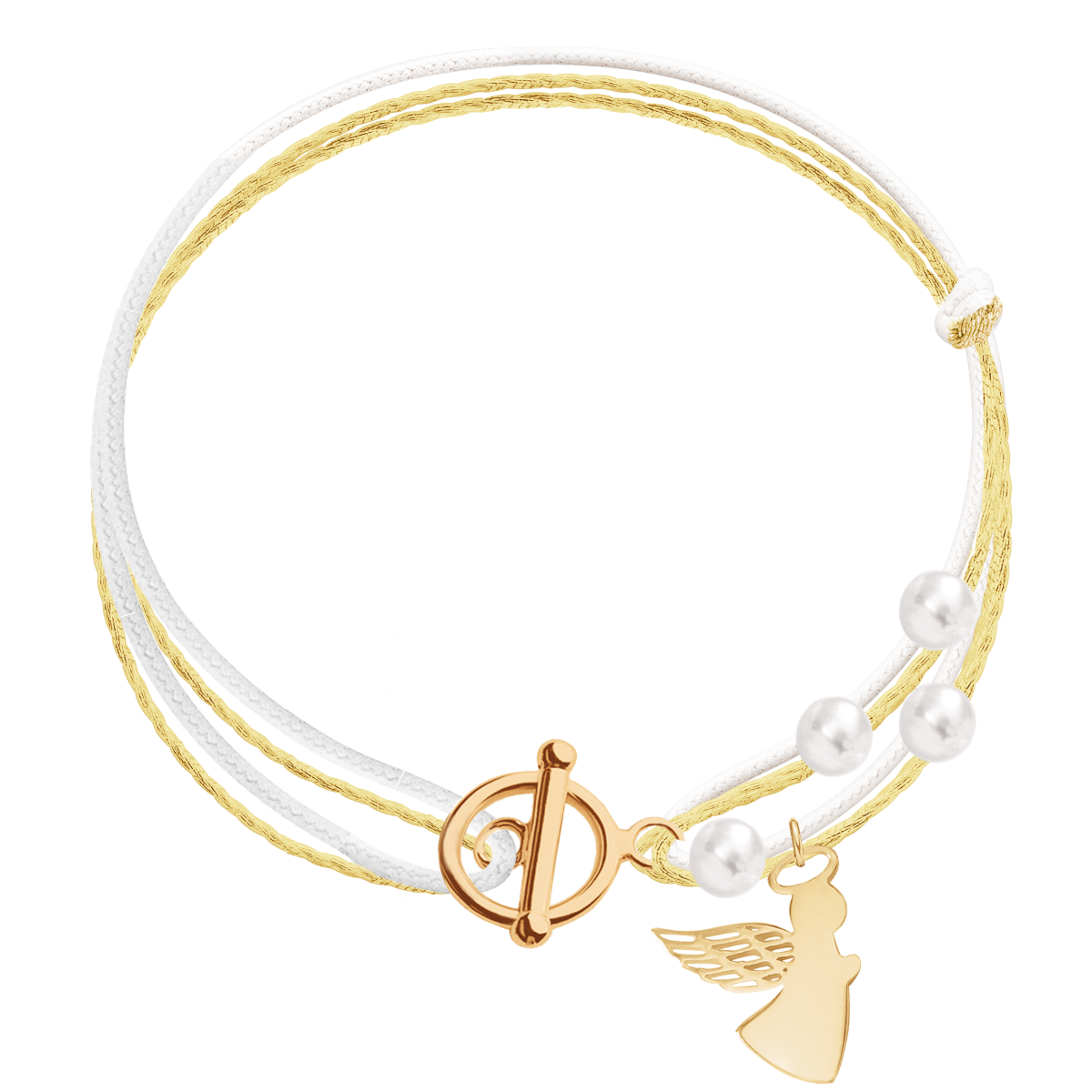 Armband mit Engel und Perlen am weißen ung goldenen Schnurband