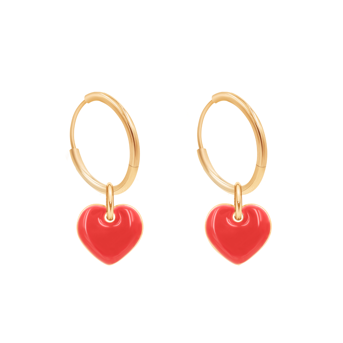 Mini-Kreolen mit vergoldeten Herzen 1 cm einseitig rotfarben emailliert