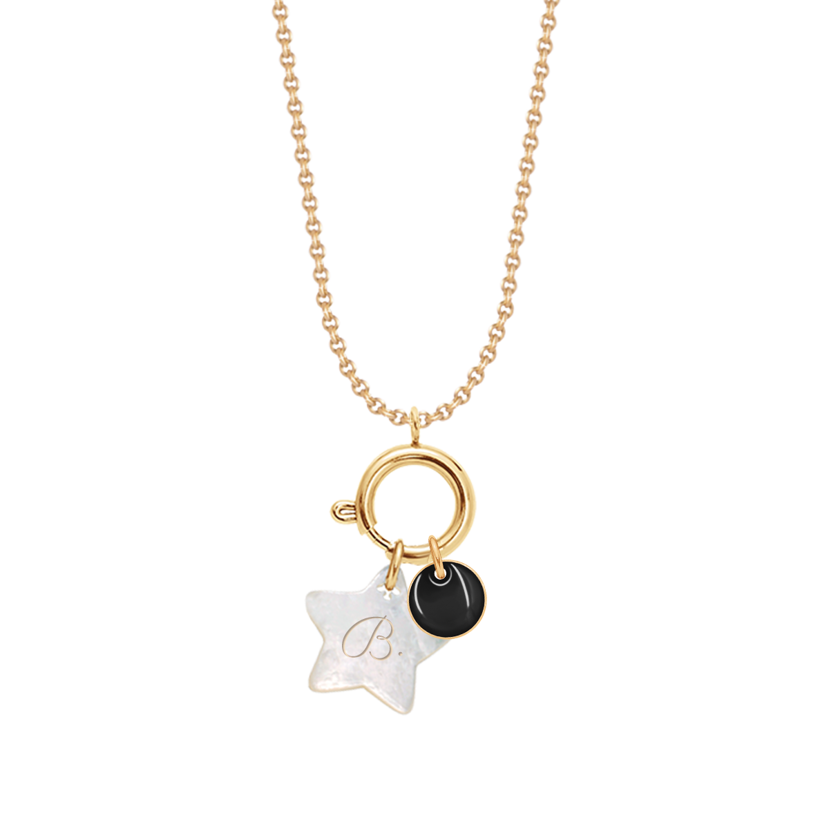 Halskette mit schwarzfarbenem 1 cm Medaillon und 1,5 cm Stern aus Perlmutt vergoldet