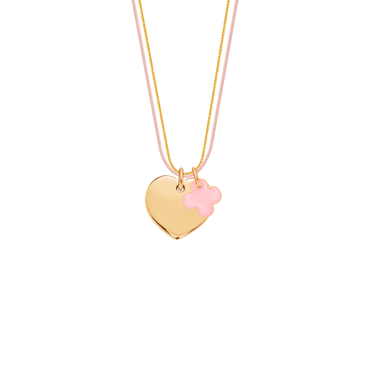 Schnurhalskette mit Herz und rosa emailliertem runden Kleeblatt, vergoldet