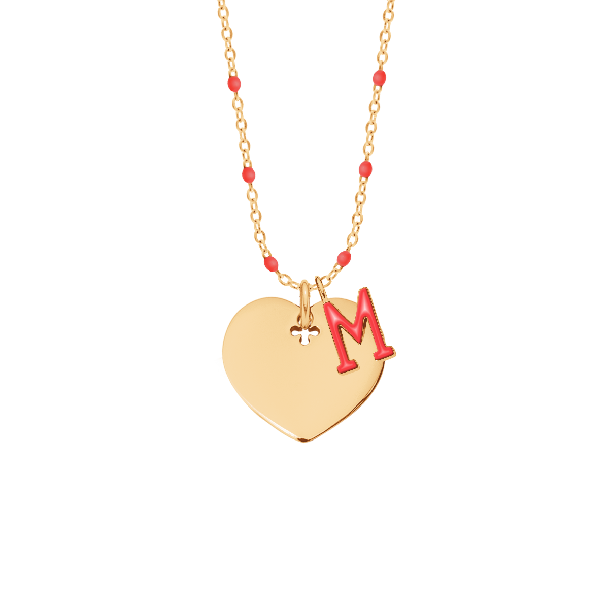 Halskette mit rote Emaille mit 2 cm Herz und rot emaillierten Buchstaben M