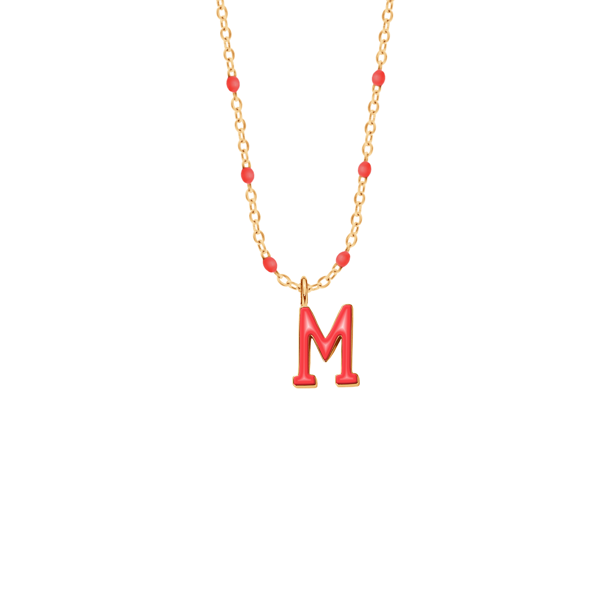 Halskette mit rote Emaille und rot emaillierten Buchstaben M