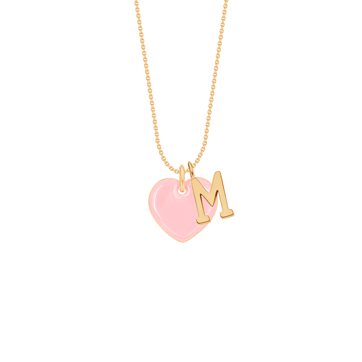 Halskette mit rosafarbenem 1 cm Herz und Buchstaben M vergoldet