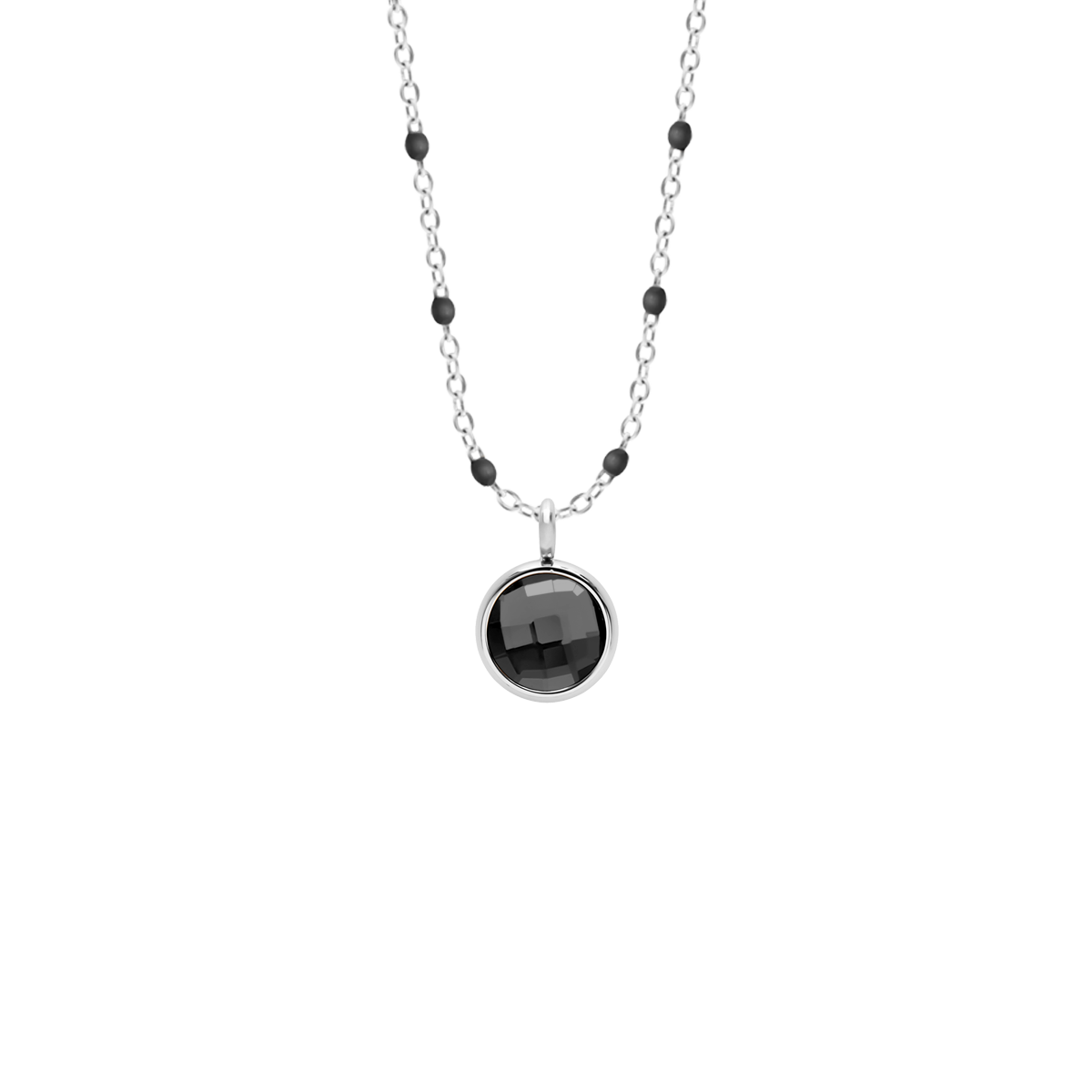 Halskette mit schwarze Emaille und schwarzen Quarz-Anhänger versilbert