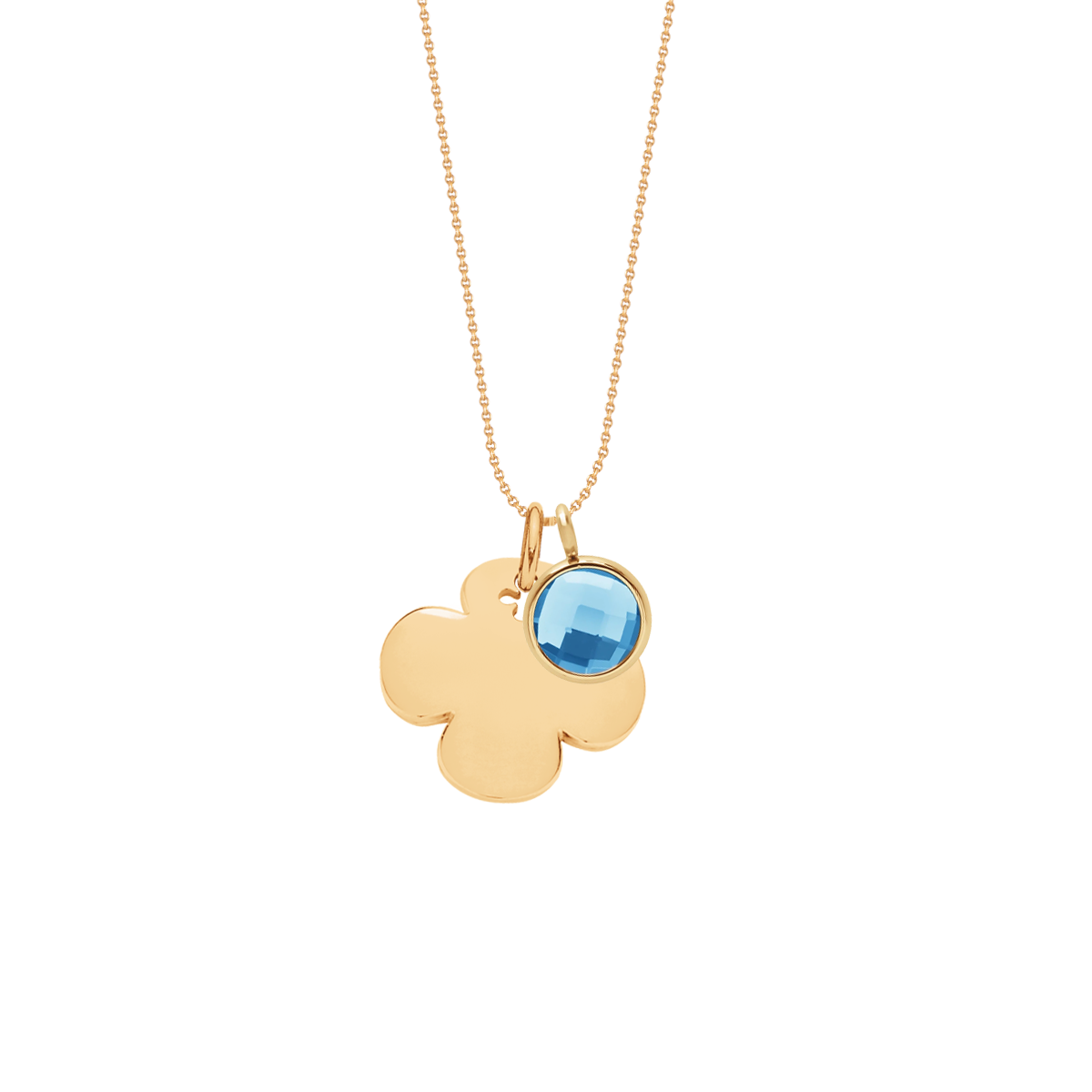 Halskette 50 cm mit 2 cm runden Kleeblatt und 1 cm blauen Quarz-Anhänger vergoldet