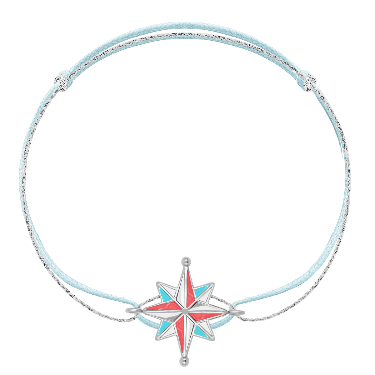 Armband mit versilbertem 2 cm Kompass an einer hellblauen und einer silbernen Premium-Schnur