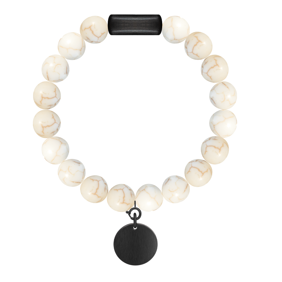 Herrenarmband aus weißen Türkissteinen 0,8 cm mit 2 cm Medaillon mattschwarz - Vorderansicht