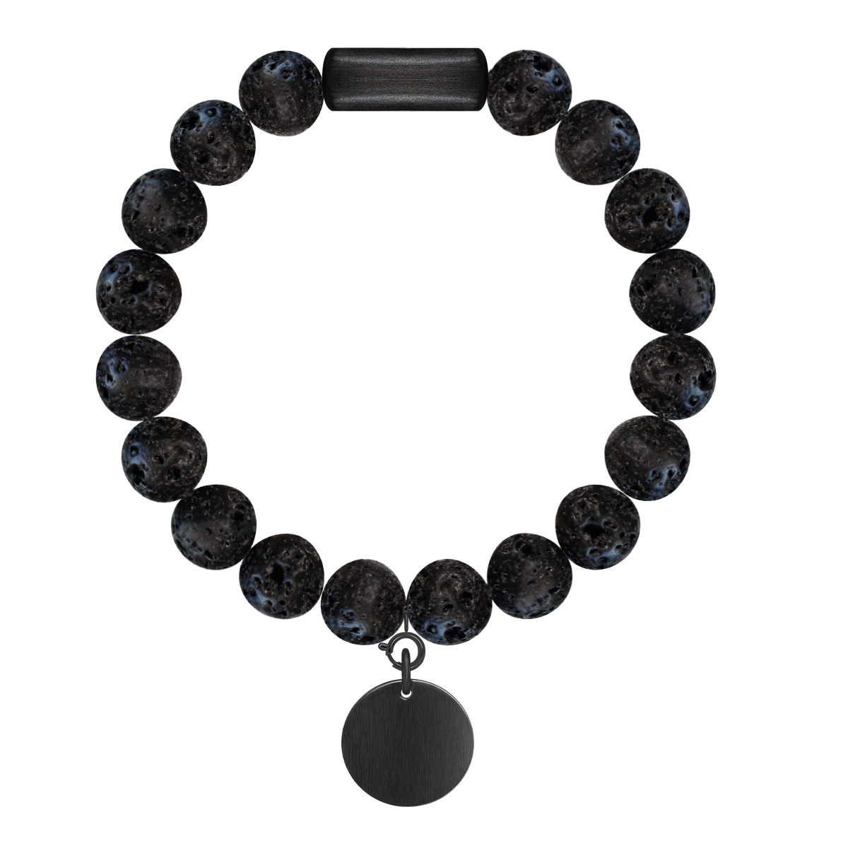 Herrenarmband aus Vulkansteinen 0,8 cm mit 2 cm Medaillon mattschwarz - Vorderansicht