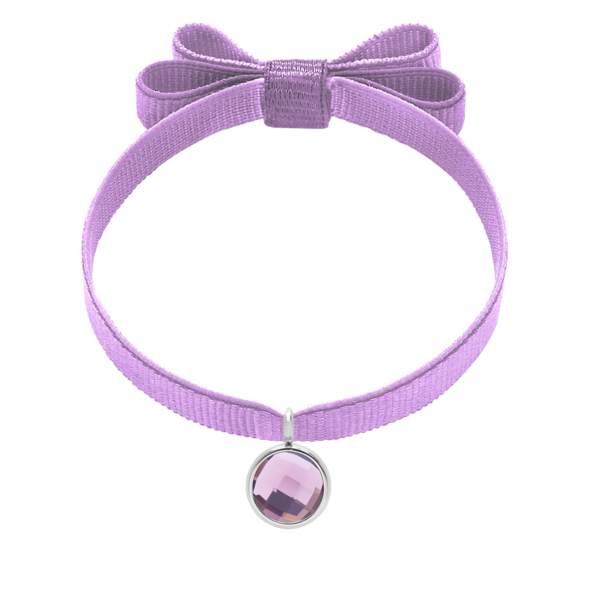 Armband mit einem silberbezogenen Anhänger mit lila Quarz auf einem Lavendelband mit einem Doppelbogen - Vorderansicht