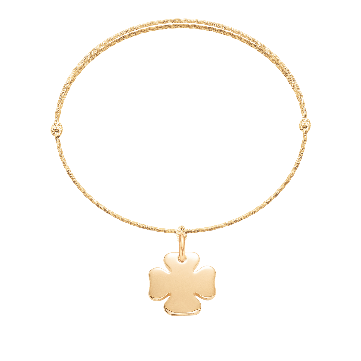 Armband mit goldener Klee auf einer dünnen goldenen Premium -Schnur - Detailansicht