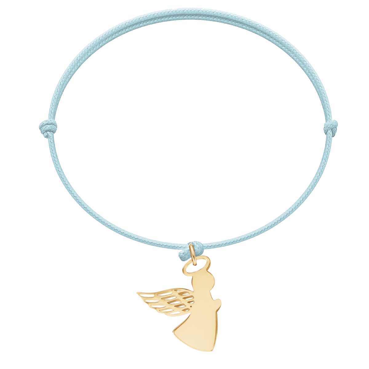 Schnurarmband hellblau mit vergoldetem 1,5 cm Engel mit einem offenen Flügel