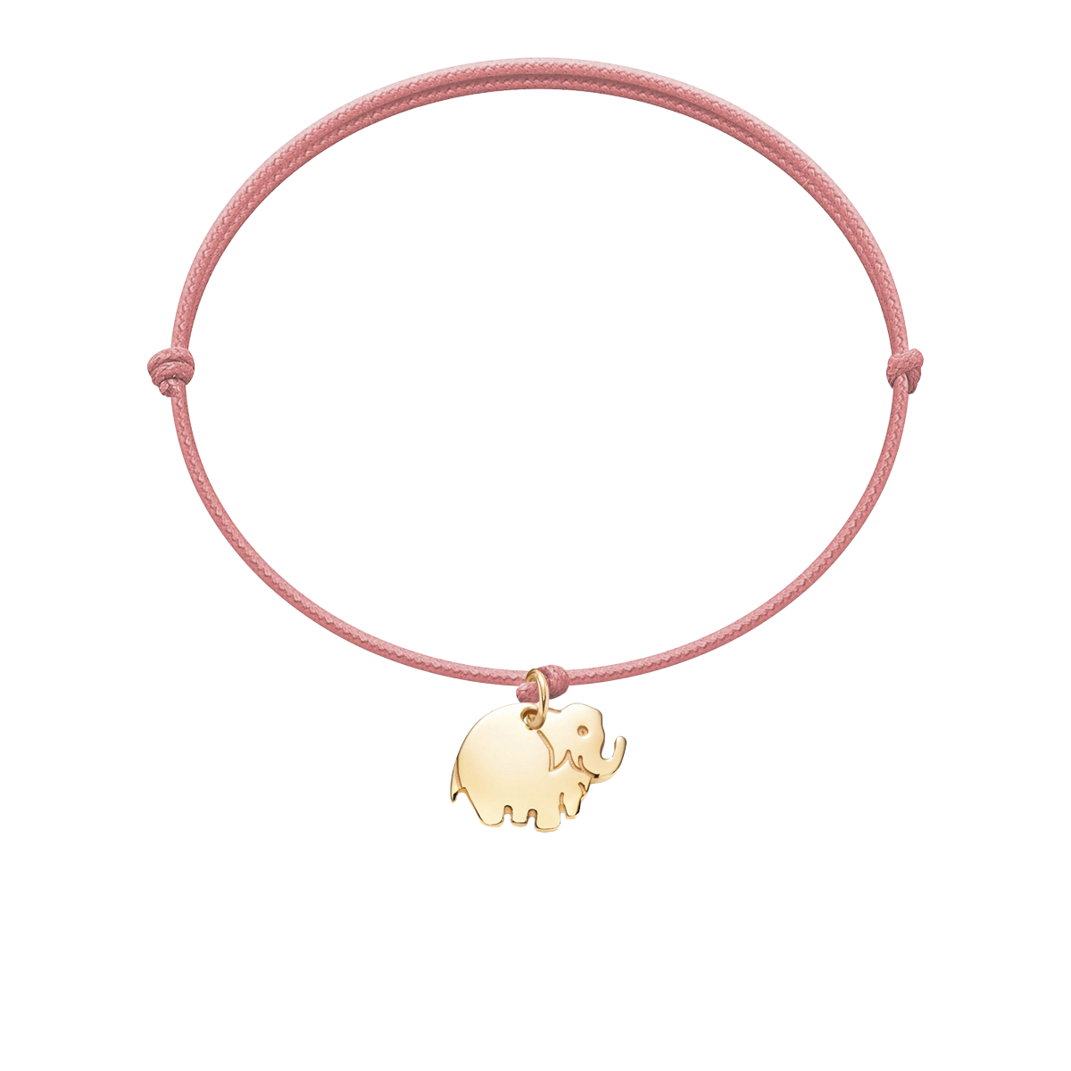 Armband mit einem goldplattierten Elefanten auf einer dünnen rosa Schnur - Vorderansicht