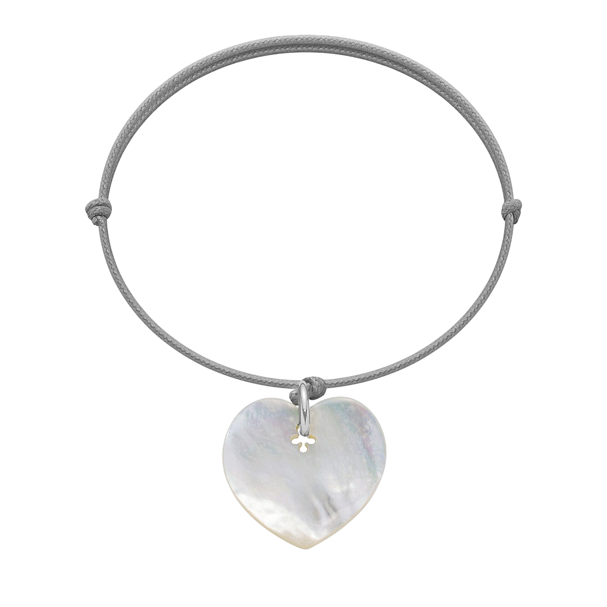Armband mit Herz aus Perlmutt auf einer dünnen hellgrauen Schnur - Vorderansicht