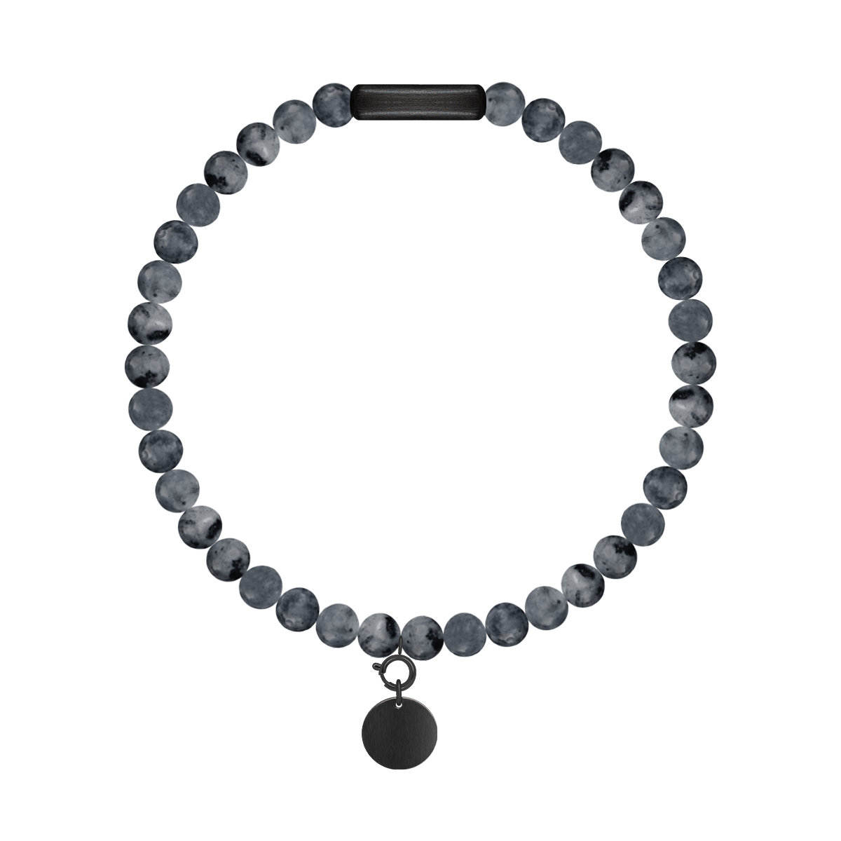Herrenarmband aus Labradorit Steinen 0,4 cm mit 1 cm Medaillon mattschwarz - Vorderansicht