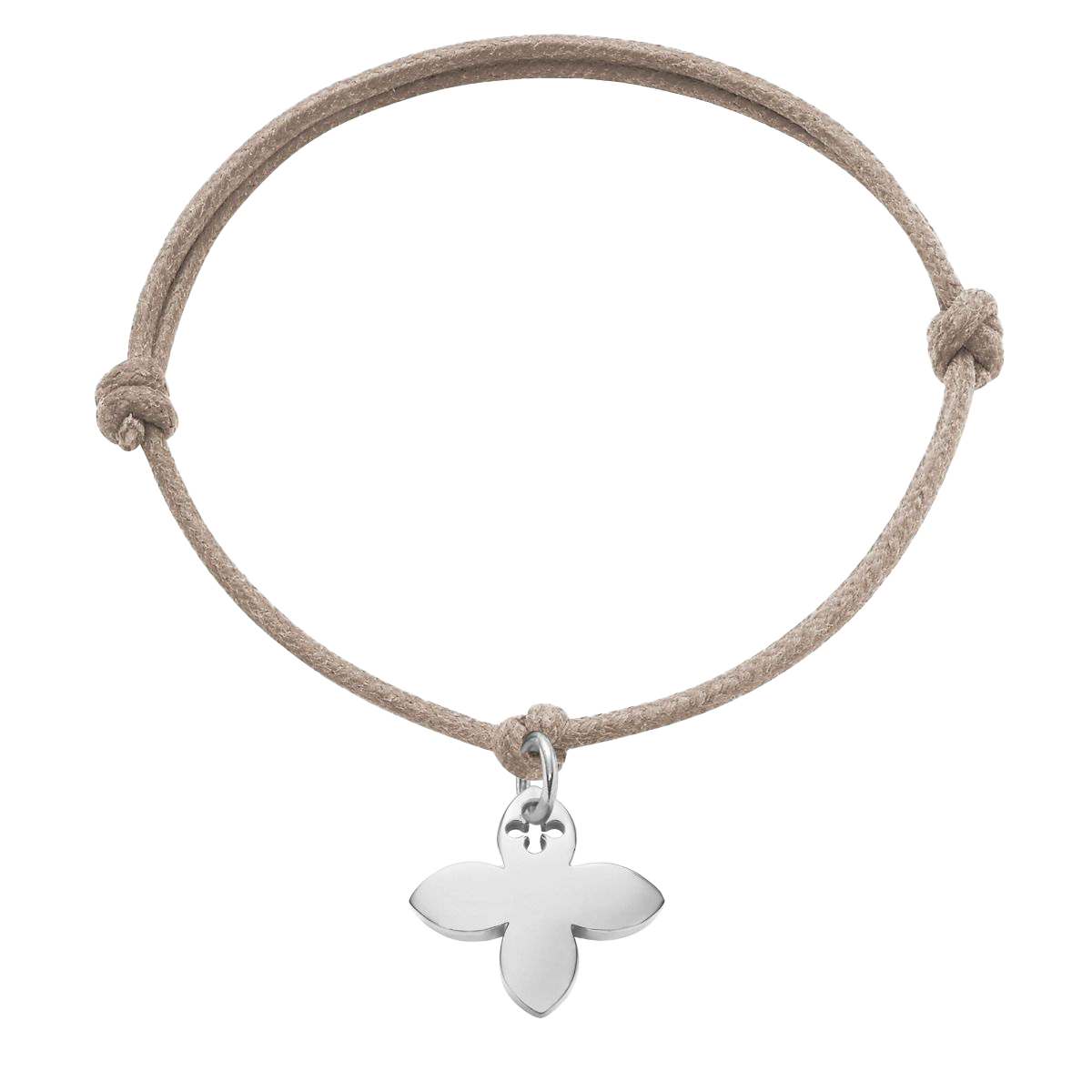 Armband mit silbernen Lilien auf einer dicken Beige Schnur