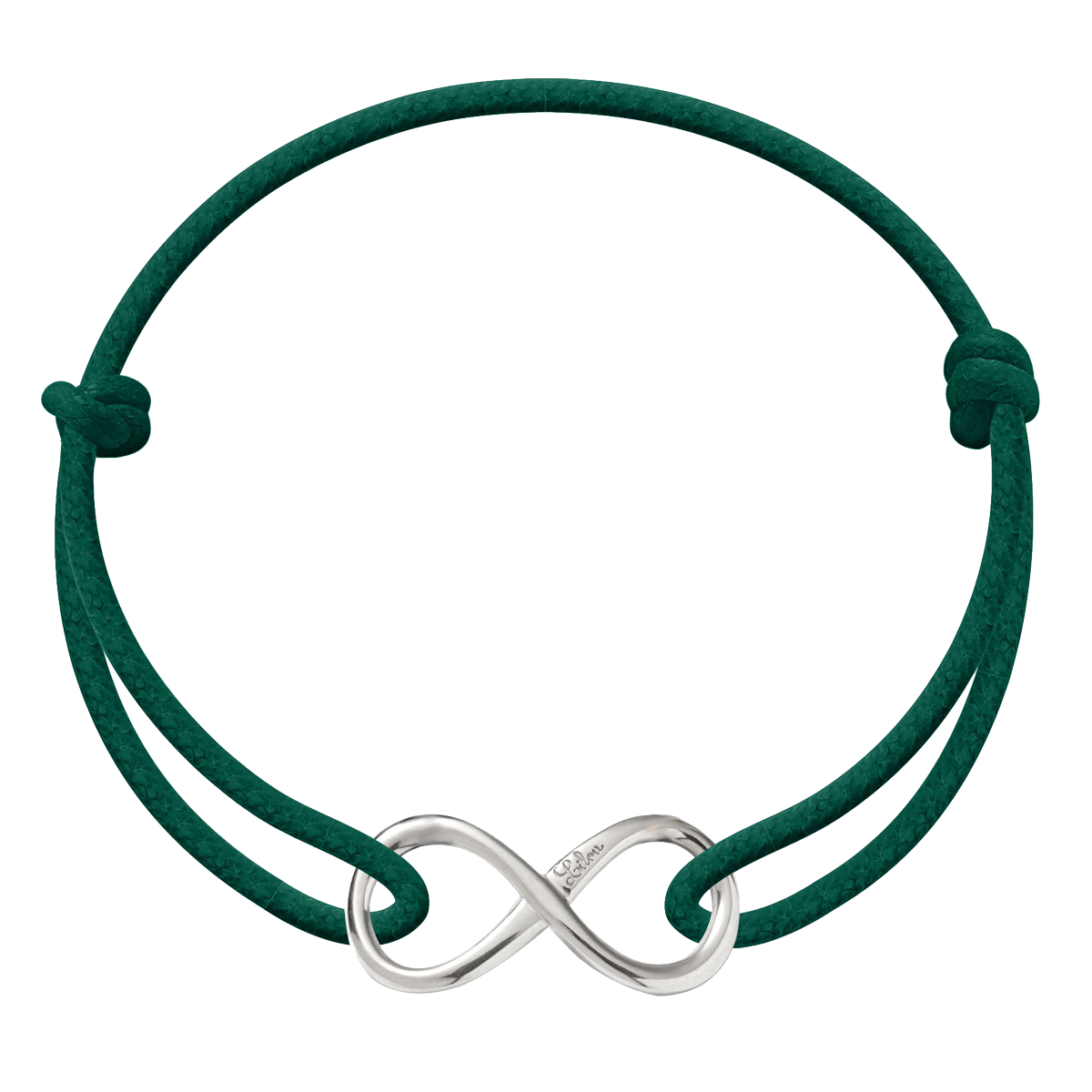 Schnurarmband flaschengrün mit Unendlichkeitszeichen versilbert - Vorderansicht
