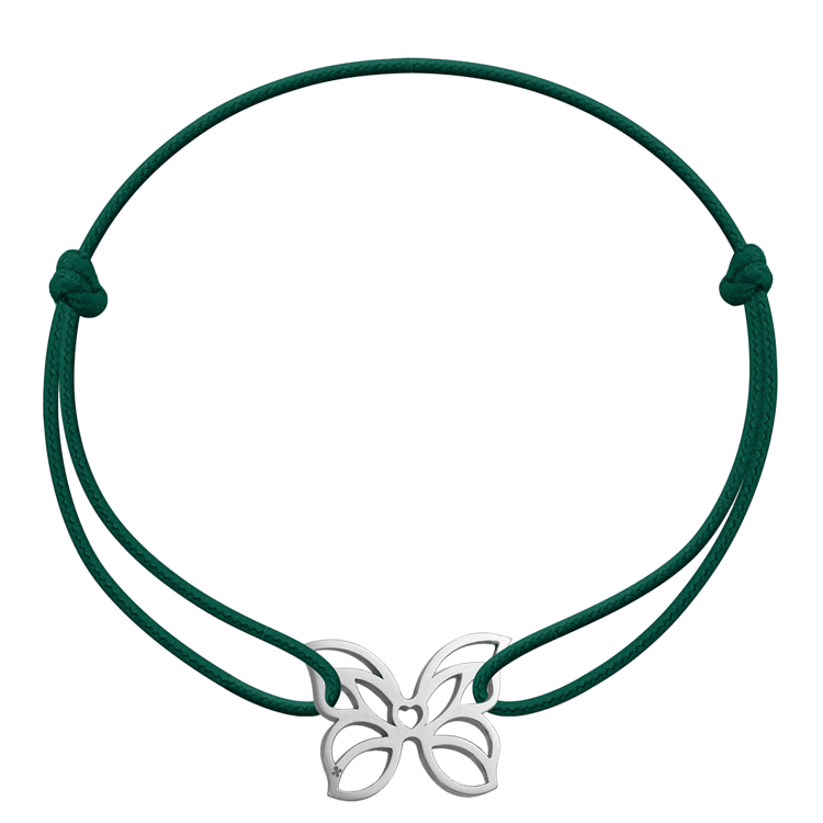 Armband mit silberfarbenem Schmetterling auf dünnem flaschengrünem Band