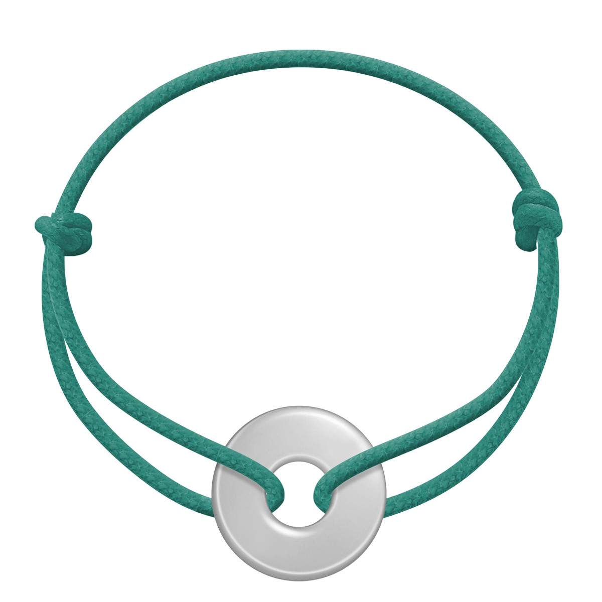 Armband mit einer silbernen Scheibe auf einer dicken Schnur in Sea Green - Vorderansicht