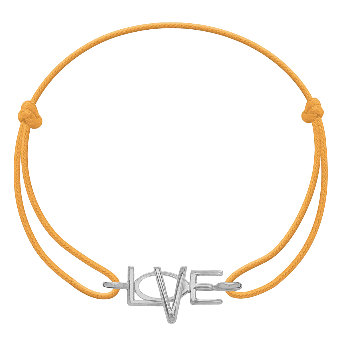 Silbernes Armband mit „Love“-Schriftzug auf neonorangefarbenem Band