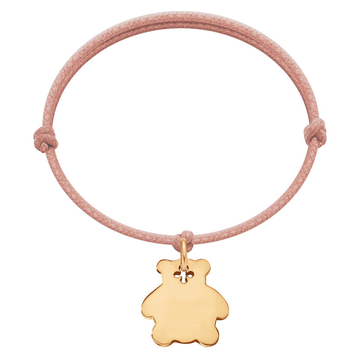 Armband mit vergoldetem Teddybär am dicken puderrosa Schnur - Vorderansicht