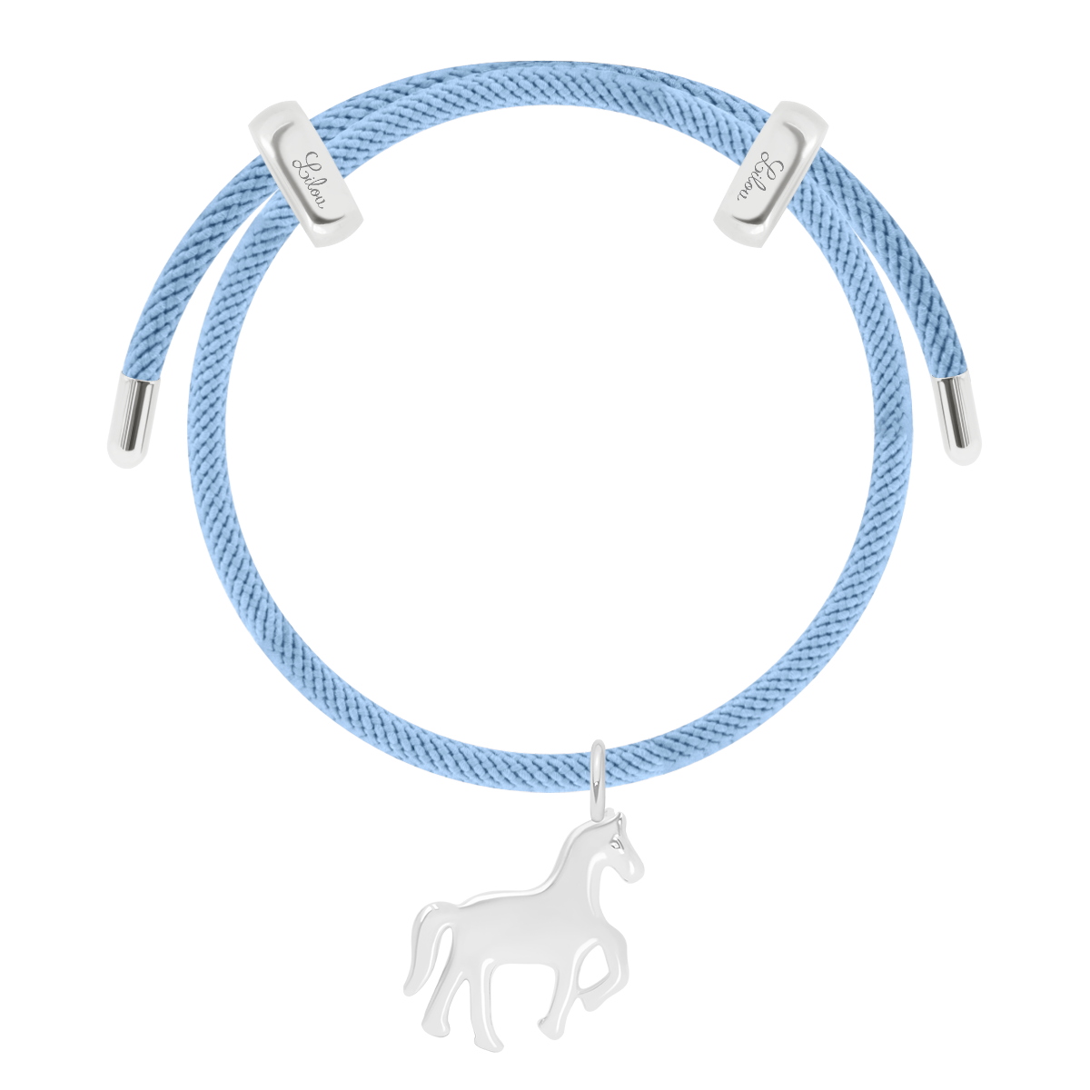 Armband Liana in hellblauer Farbe mit Pferde-Anhänger, versilbert - Vorderansicht