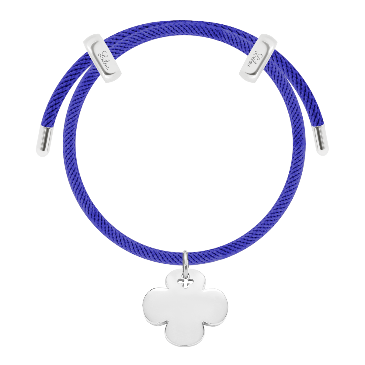 Armband Liana in blauer Farbe mit rundem Kleeblatt-Anhänger, versilbert