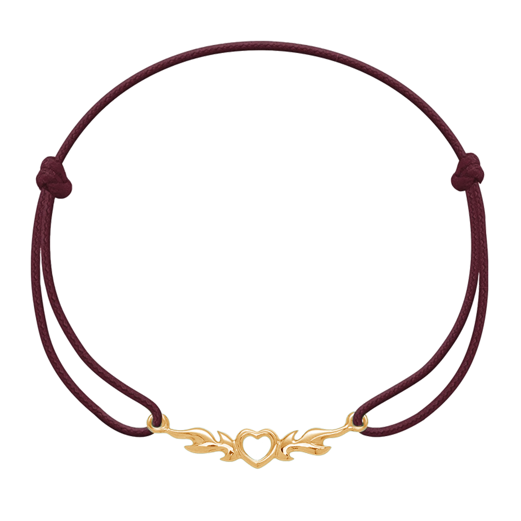 Schnurarmband von Lilou mit Herz und Flammen, vergoldet, weinrotes Band