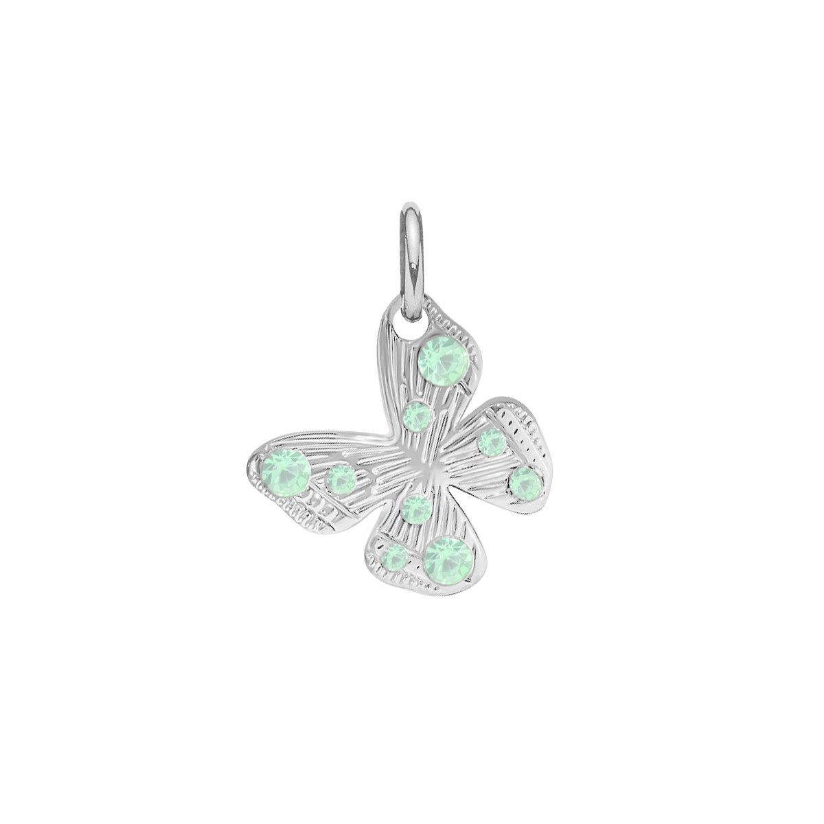 Anhänger Papillon 1 cm mit pastellgrünen Kristallen, versilbert