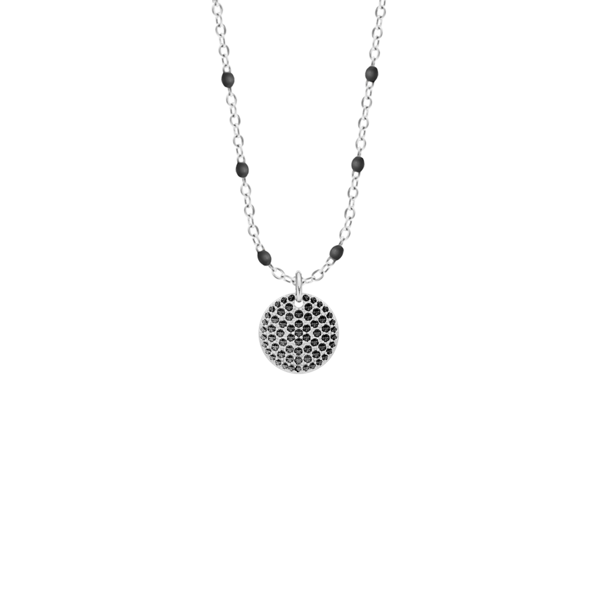 Halskette mit versilbertem Medaillon mit schwarzen Zirkonen auf einer Emaillekette - Vorderansicht