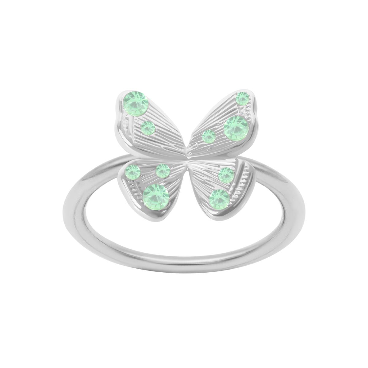 Ring Papillon mit pastellgrünen Kristallen, versilbert