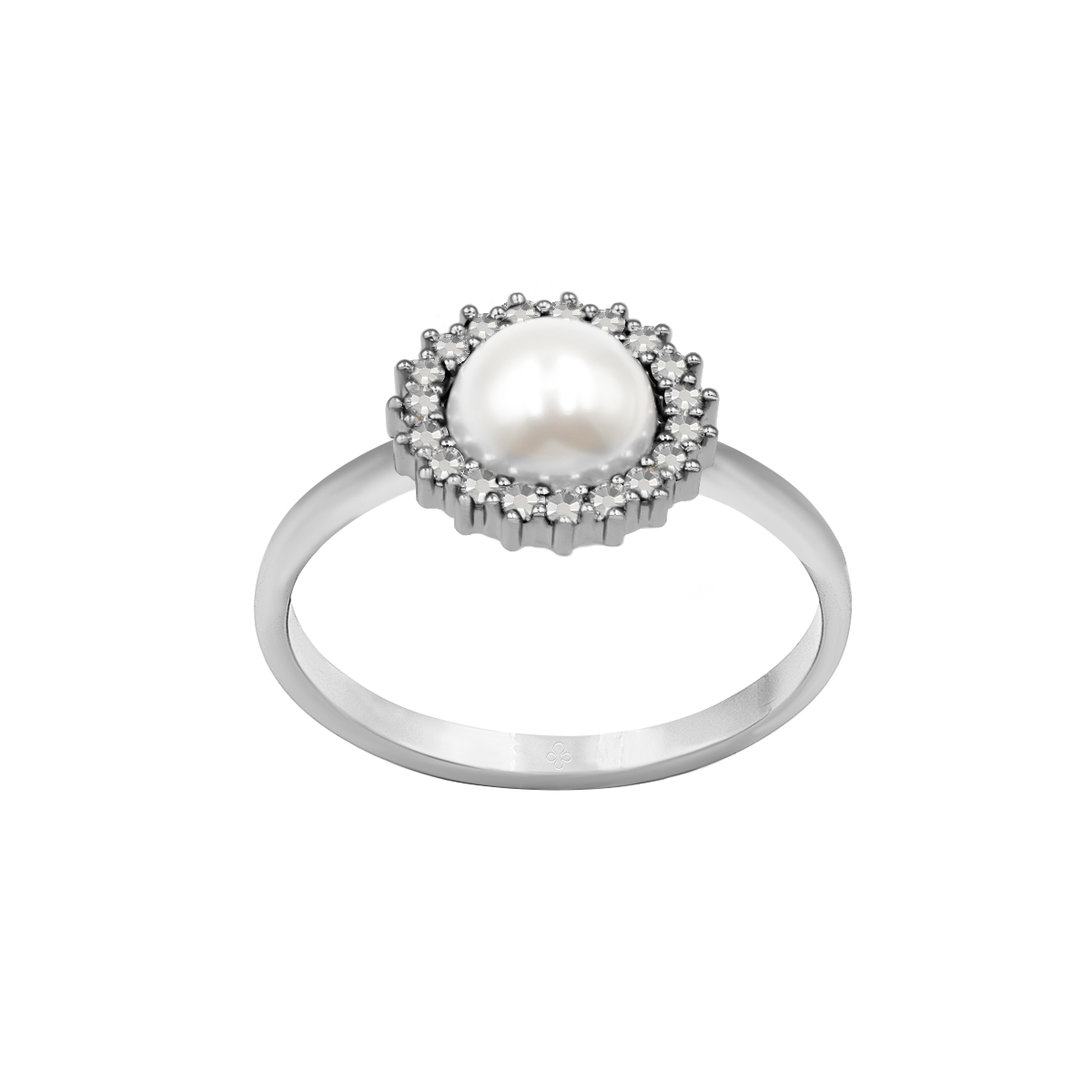 Ring Cosmos No.3 mit weißer Perlen und weißen Zirkonen, versilbert - Vorderansicht