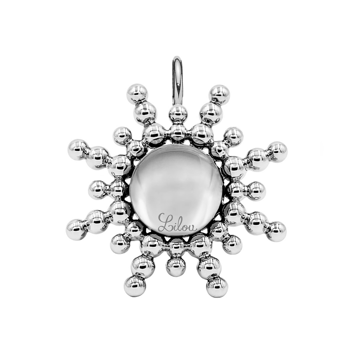 Anhänger Sonne mit grünem Quarz, 3 cm, Rückseite, versilbert